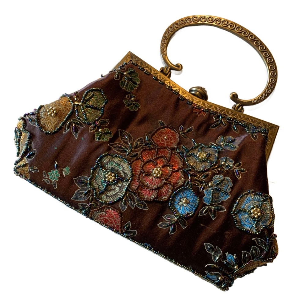 Vintage Style Brown Satin Beaded & Embroidered Handbag Purse